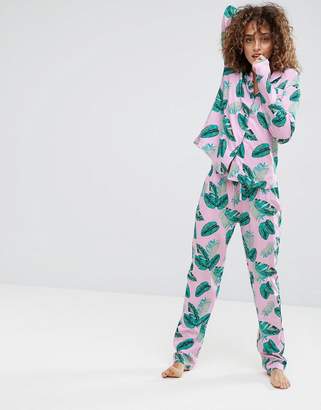 ASOS Pink Palm Print Shirt & Trouser Pyjama Set