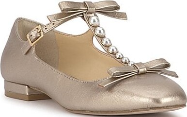 Jolliya Pearl Embellished Bow T-Strap Flats