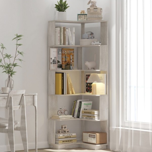 SEVOBALDecorativeBookshelf6TierFreestandingL-ShapedCornerBookshelfDisplayShelfOpenStorageRackOrganizerGray21.65\