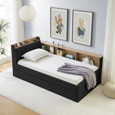 Twin Size Upholstered Velvet Daybed With Storage Headboard, Height Adjustable, Trundle Bed, Wireless Charging & Led Lights, Black