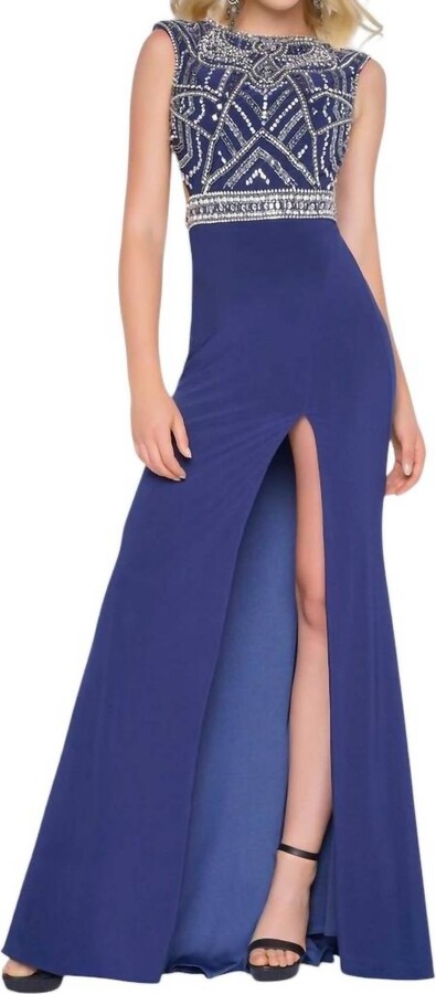 Mac Duggal Beaded Bodice Jersey Dress In Midnight