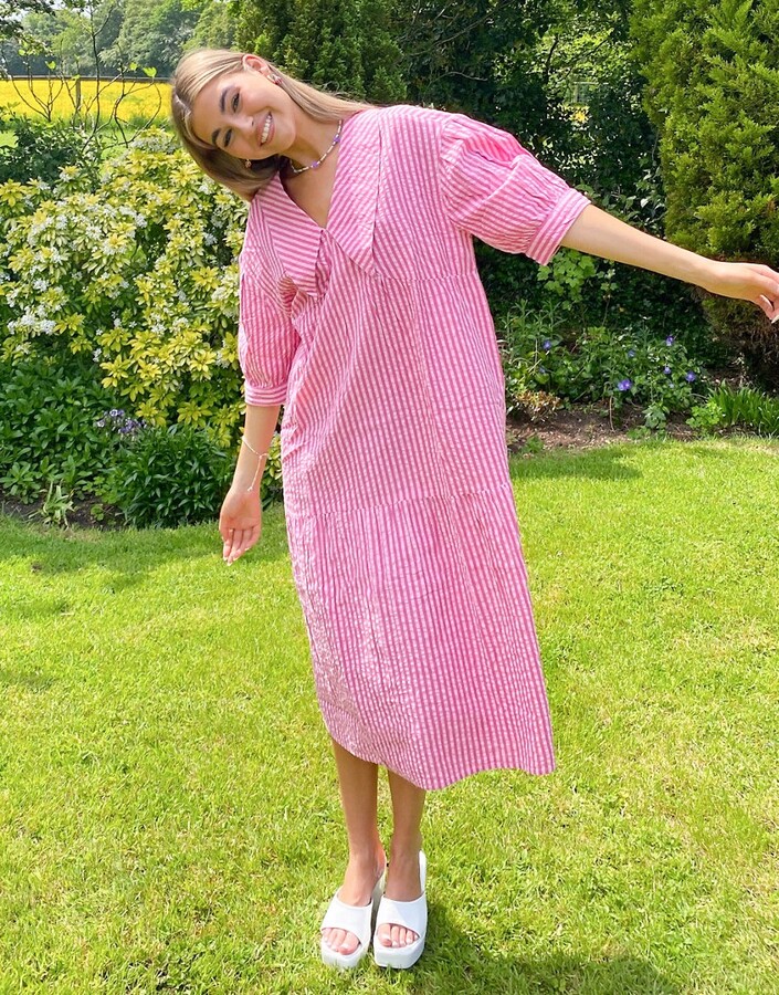 NATIVE YOUTH collar smock dress in neon pink stripe - ShopStyle