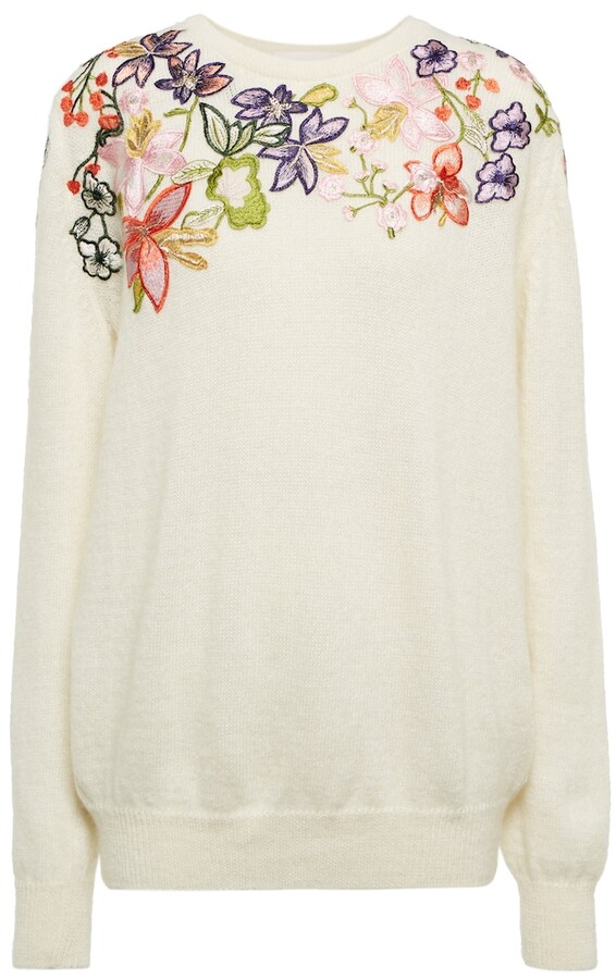 AJ8 Women Designer Inspired White Floral Embroidery Autumn Winter Knit Jumper 