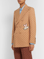 Thumbnail for your product : Gucci Beige Double-Breasted Appliqued Logo-Jacquard Cotton-Blend Suit Jacket - Men - Neutrals