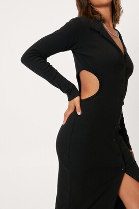 Nasty Gal Womens Ribbed Cut Out Maxi Shirt Dress - Black - 4