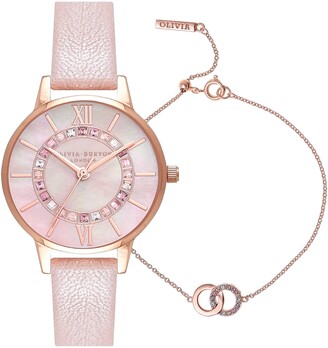 Olivia Burton Wonderland Crystal Leather Strap Watch & Charm Bracelet Set, 30mm