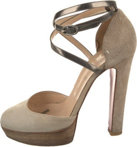 Christian Louboutin Canvas D'Orsay Pumps Neutrals Suede & Patent Leather Trim Semi-Pointed Toes with Leather Trim Embellishment Platform Crossover Straps & Buckle Closure at Ankles Designer