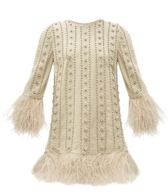 Valentino Crystal & Feather-embroidered Silk-crepe Dress - Ivory Multi