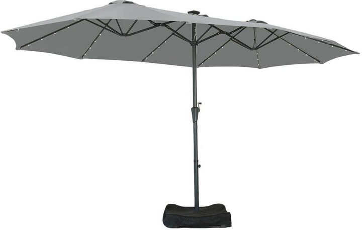 Ainfox 15 ft. Steel Market Solar Patio Umbrella Double-Side with LED Light in Gray with Base