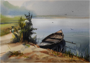 Longshore Tides A Calm Morning At Edge Of River | Watercolor On Paper | By Purendrakumar Deogirkar