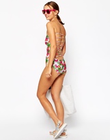 Thumbnail for your product : ASOS Tropical Print Lattice Back Bandeau Swimsuit