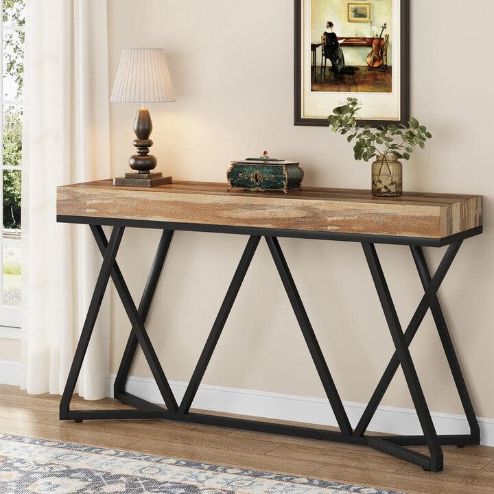 TRIBESIGNS WAY TO ORIGIN Benjamin 55 in. Retro Brown Rectangle Wood Console Table Behind Sofa Entryway Couch Accent Wall Table Home Office
