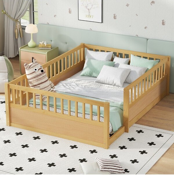 KTMBDWQueenSizeMontessoriToddlerFloorBedforGirlsandBoysWoodBedFramewithRemovableSafetyGuardrails&WoodSlatsNatural