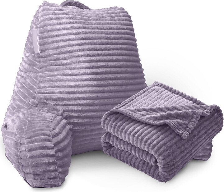 LAMMALOE Nestl Backrest Reading Pillow with Blanket, Back Support Pillow with Arms, Shredded Memory Foam Bed Rest Pillow and Throw Blanket, Dust Purple