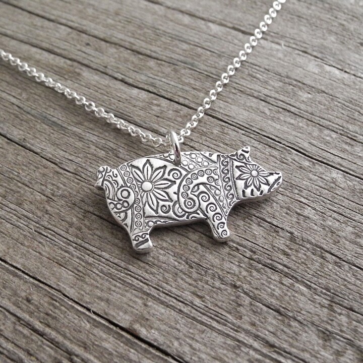 Etsy Pig Necklace Flowered Pig Fine & Sterling Silver Made To Order