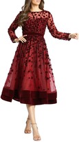 Thumbnail for your product : Mac Duggal Long-Sleeve Tea-Length Floral Applique Cocktail Dress