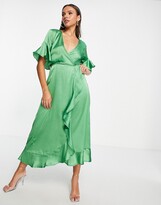 Thumbnail for your product : AX Paris wedding guest satin wrap midi dress in green