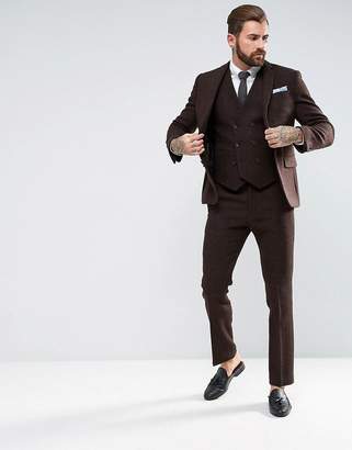 ASOS Slim Suit Pants In 100% Wool Harris Tweed Herringbone In Brown