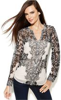Thumbnail for your product : INC International Concepts Printed Split-Neck Long-Sleeve Top