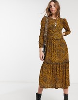 Thumbnail for your product : Topshop animal print tiered smock dress in mustard