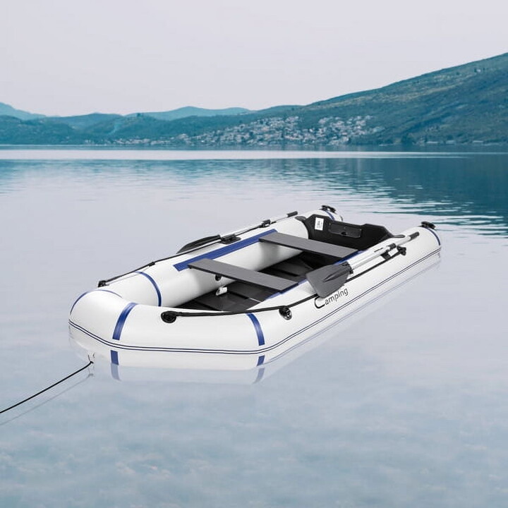 AsterOutdoor Water Adult Assault Boat Off-White/ Hard Deck & Paddle Lock - 726LB PVC Dinghy Kit w/ Pump, Oars & Bag