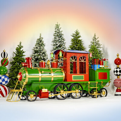 Zaer Ltd International 12.5ft. Large Antique Bronze Train with Cart & Lanterns "The North Pole Express"