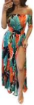Thumbnail for your product : Moxeay Women's Off Shoulder Feather Print Overlay Rompers High Slit Maxi Dress