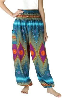 NaLuck Women’s Boho Hippie Elephant Jumpsuit Smocked Waist Yoga Harem Pants PJ04-Turquoise