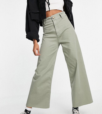 Stradivarius cropped wide leg jeans in washed khaki - ShopStyle