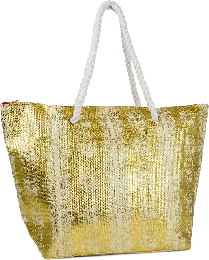 Women’s Metallic Snakeskin Print Paper Straw Beach Tote Bag with Double Rope Handle