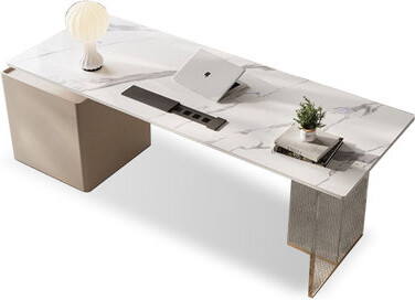 Groove Interior Champagne Golden Rectangular Sintered Stone + Acrylic with 2 drawers Desk