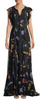 Escada Floral-Print Ruffle A-Line Silk Evening Gown