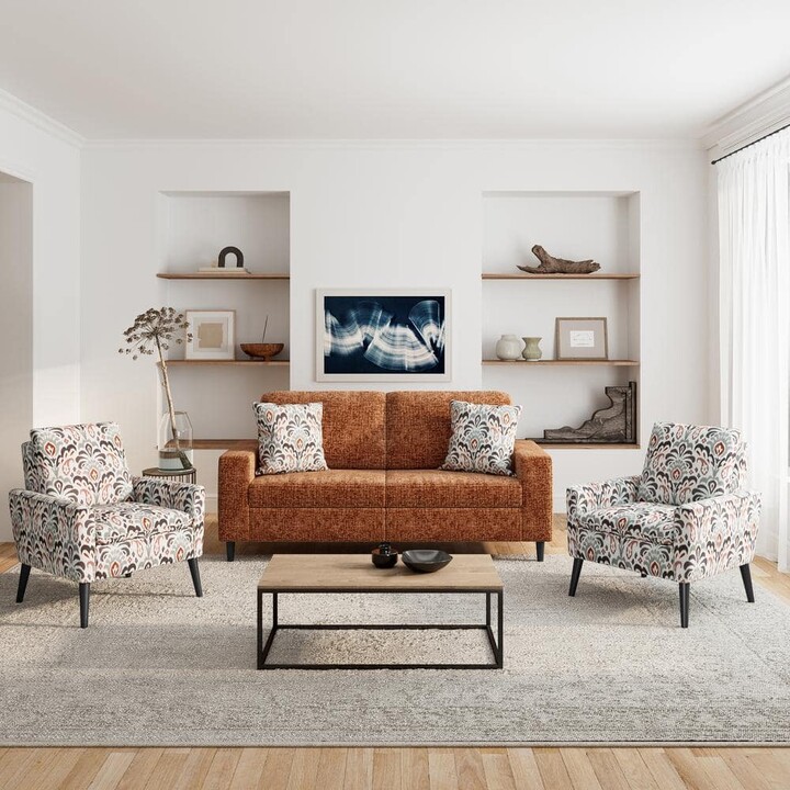 Handy Living Wilmington Mid-Century Modern 3-Piece Terra Cotta Red Chenille and Amber Damask Fabric Small Space Living Room Set