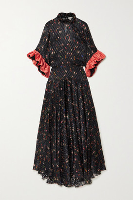 Preen by Thornton Bregazzi Tonica Ruffled Floral-print Devore-satin Maxi-dress - Black