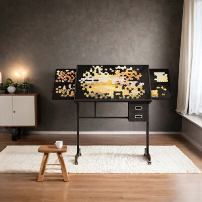 1000 Piece Jigsaw Puzzle Metal Table With Board, 4 Trays, 2 Drawers, Black