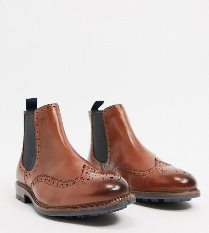 Silver Street wide fit brogue chelsea boots in tan leather with contrast  gusset - ShopStyle