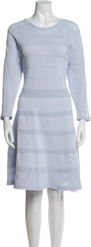 Vince A-Line Dress Blue Pleated & Mesh Accents Long Sleeve with Scoop Neck Concealed Zip Closure at Back