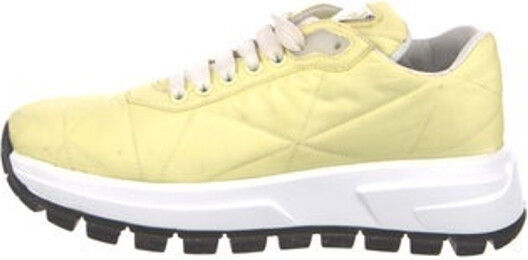 Prada Nylon Low Top Sneakers Yellow Enameled Metal Triangle Round-Toes Platform Lace-Up Closure at Uppers Includes Box
