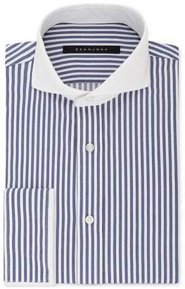 Sean John Men's Regular Fit Navy and White Stripe French Cuff Dress Shirt