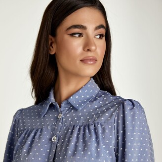 Conquista Women's Blue Denim Style Embroidered Dress With Buttons