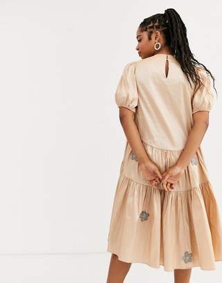 Sister Jane Dream tiered midaxi dress with puff sleeves and embellished flowers in taffeta