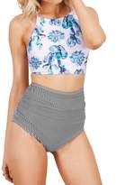 Thumbnail for your product : Seaselfie Women's Floral Leaves Print Lace Up Bikini Set High Waisted Swimsuit Padded Swimwear,S