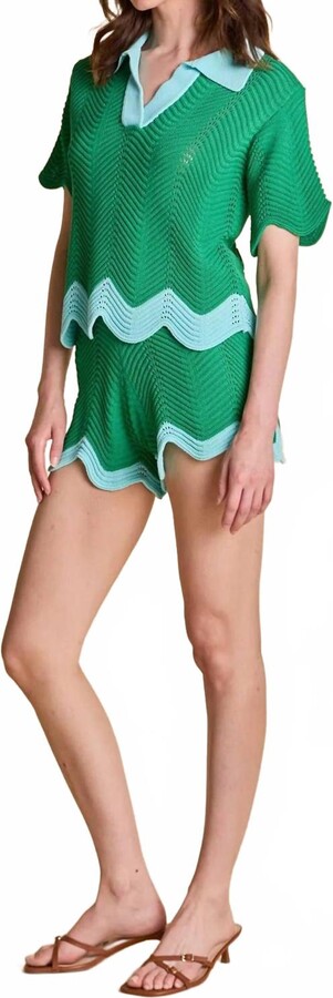 ENGLISH FACTORY Georgica Scallop Wave Knit Shorts In Green & Light Blue