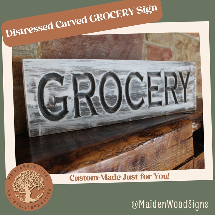 Rustic Carved Wood Grocery Sign - Farmhouse Kitchen Decor