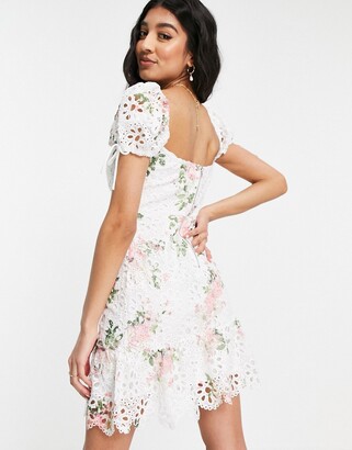 Love Triangle floral lace mini dress with puffed sleeves in pink and white