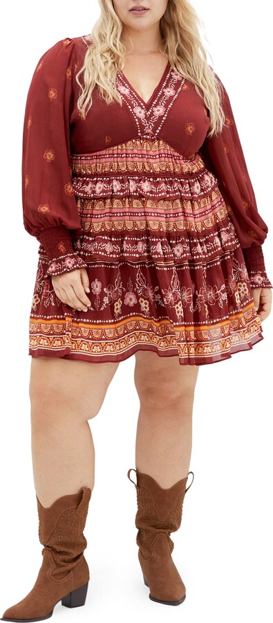 City Chic Ophelia Mixed Print Long Sleeve Tiered Minidress