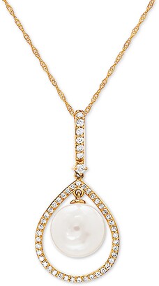 Honora White Cultured Freshwater Pearl (9mm) & Diamond (1/5 ct. t.w.) 18" Pendant Necklace in 14k Gold