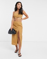 Thumbnail for your product : ASOS DESIGN cropped bandeau 3 piece suit in camel pinstripe