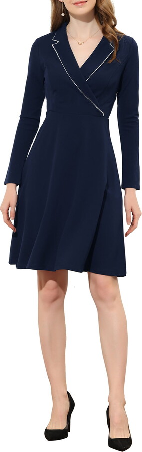 Unique Bargains Women’s Notch Collar Long Sleeve Knit Dress M Dark Blue