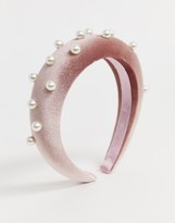 Thumbnail for your product : ASOS DESIGN padded headband in pink velvet with pearl embellishment